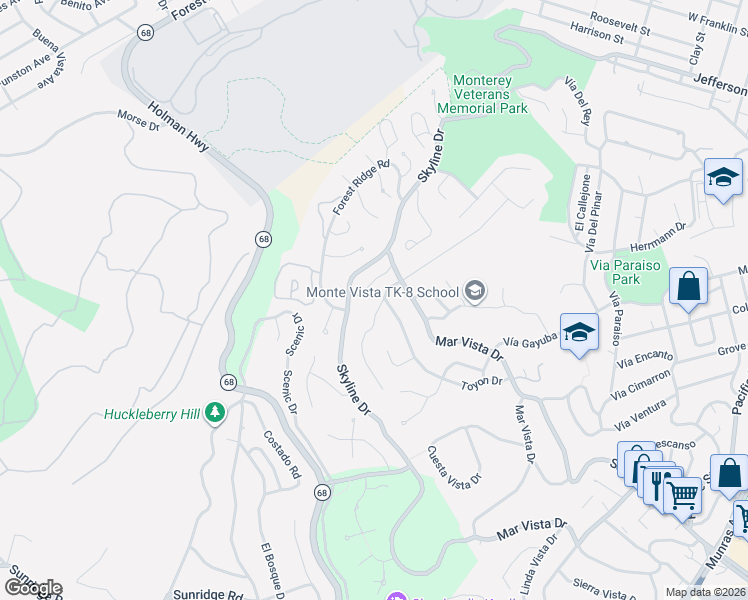 map of restaurants, bars, coffee shops, grocery stores, and more near 1501 Skyline Drive in Monterey
