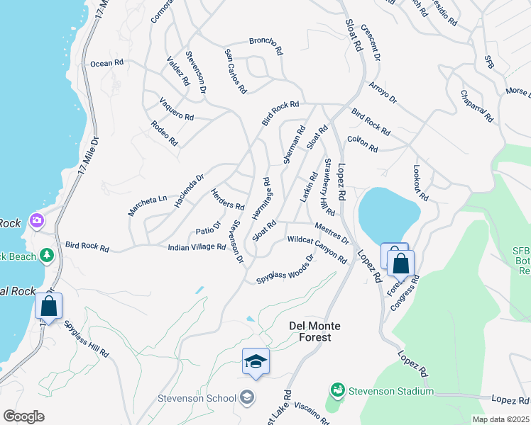 map of restaurants, bars, coffee shops, grocery stores, and more near 3113 Hermitage Road in Del Monte Forest