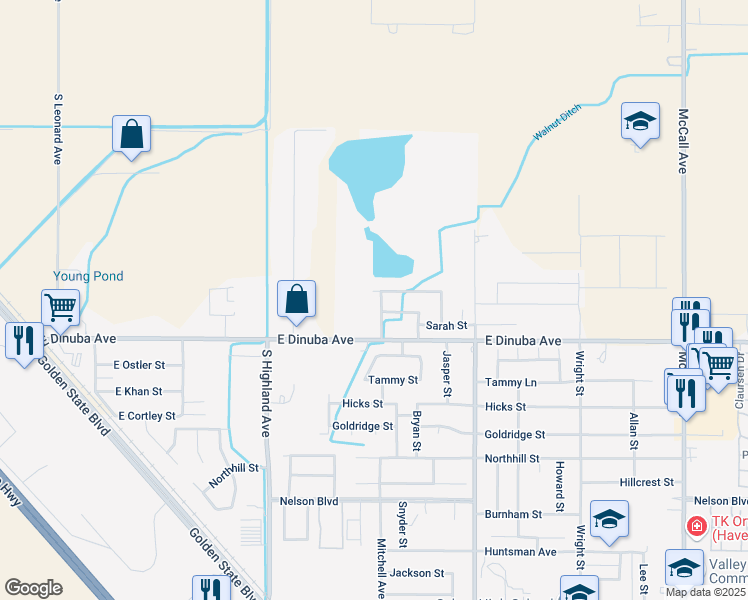 map of restaurants, bars, coffee shops, grocery stores, and more near 2640 Sierra View Street in Selma