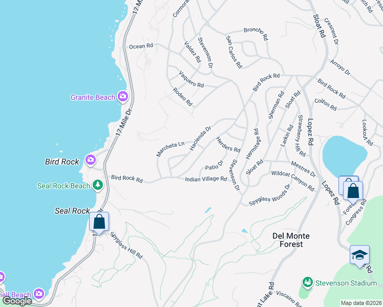 map of restaurants, bars, coffee shops, grocery stores, and more near 3136 Hacienda Drive in Del Monte Forest
