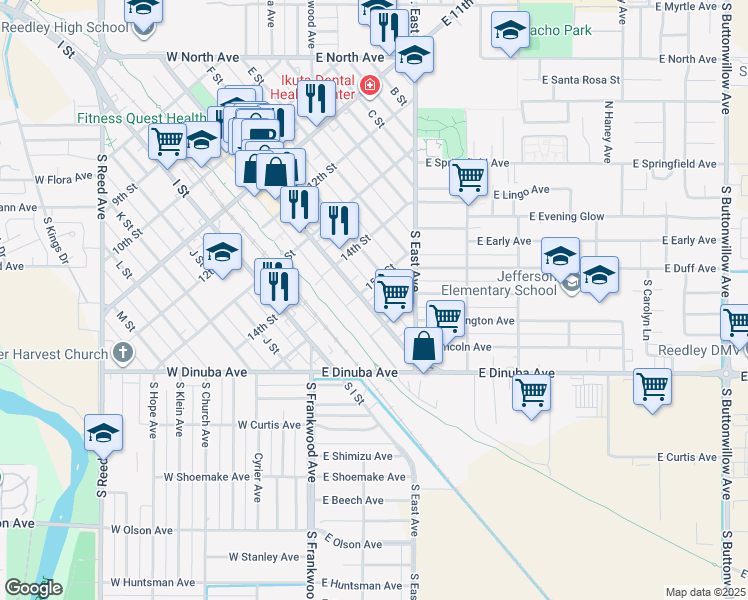 map of restaurants, bars, coffee shops, grocery stores, and more near 1643 15th Street in Reedley