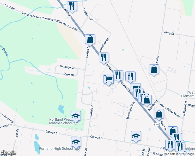 map of restaurants, bars, coffee shops, grocery stores, and more near 109B Gayla Court in Portland