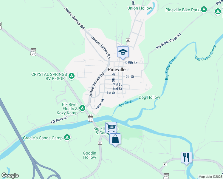 map of restaurants, bars, coffee shops, grocery stores, and more near 100 Olin Street in Pineville