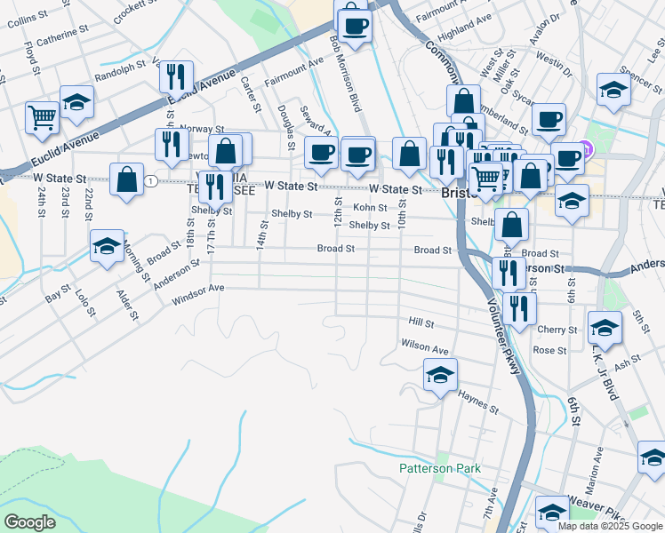 map of restaurants, bars, coffee shops, grocery stores, and more near 1215 Anderson Street in Bristol