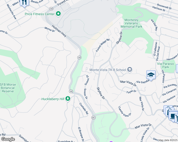 map of restaurants, bars, coffee shops, grocery stores, and more near 11 Skyline Crest Drive in Monterey
