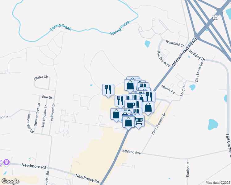 map of restaurants, bars, coffee shops, grocery stores, and more near 2840 Wilma Rudolph Boulevard in Clarksville