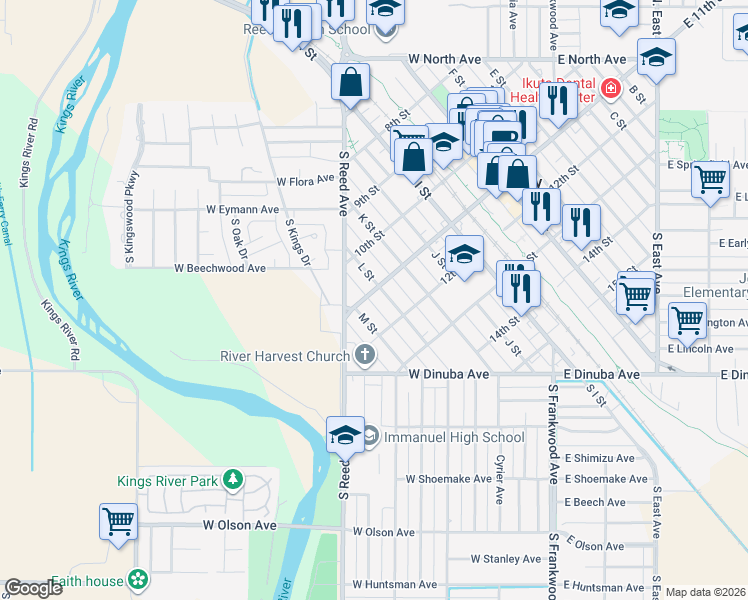 map of restaurants, bars, coffee shops, grocery stores, and more near 2225 11th Street in Reedley