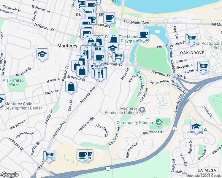 map of restaurants, bars, coffee shops, grocery stores, and more near 14 La Mesa Way in Monterey