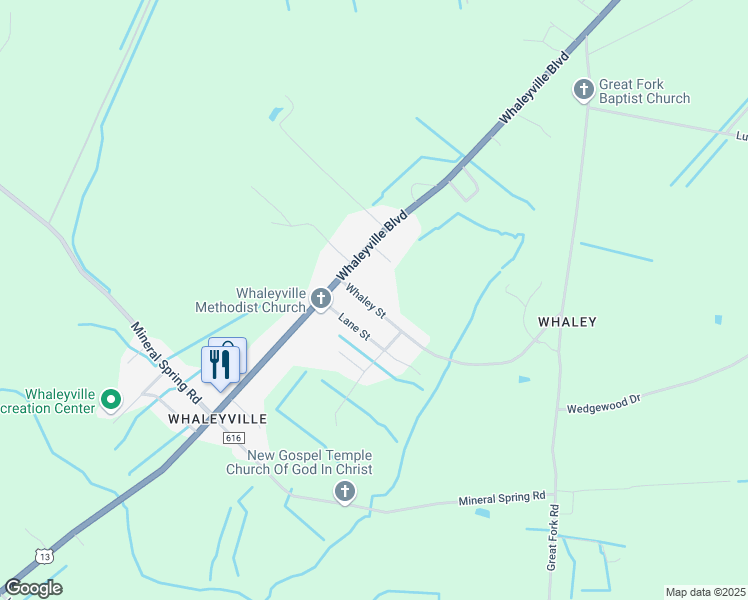 map of restaurants, bars, coffee shops, grocery stores, and more near 126 Whaley Street in Suffolk