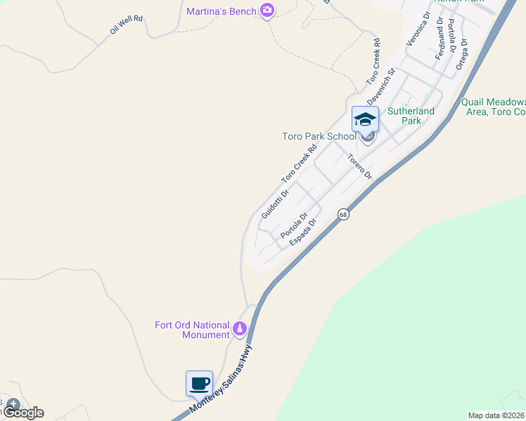 map of restaurants, bars, coffee shops, grocery stores, and more near 23020 Guidotti Drive in Salinas