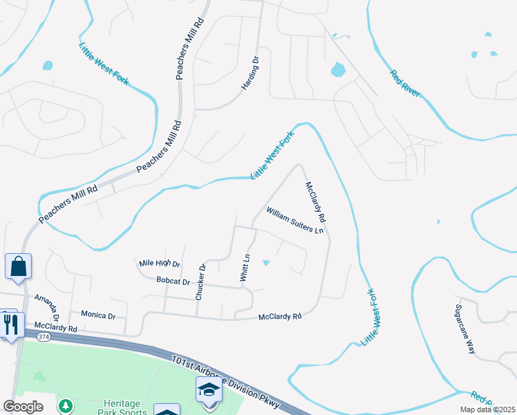 map of restaurants, bars, coffee shops, grocery stores, and more near 1486 McClardy Road in Clarksville