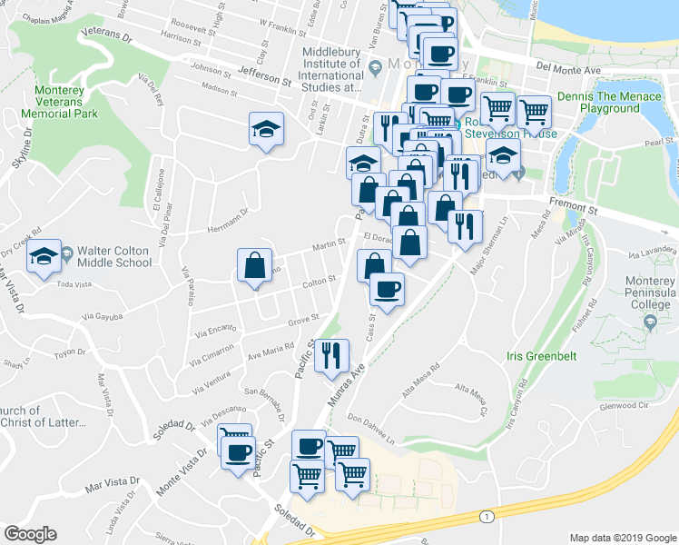 map of restaurants, bars, coffee shops, grocery stores, and more near 880 Lomita Street in Monterey
