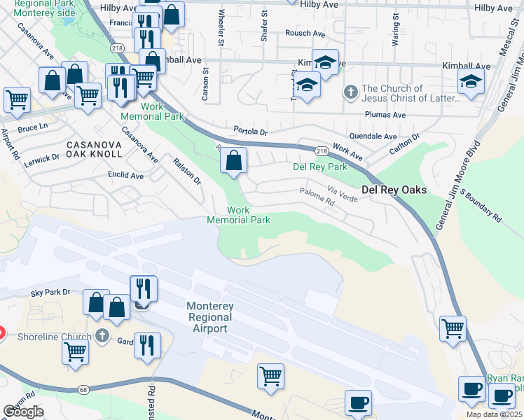 map of restaurants, bars, coffee shops, grocery stores, and more near 937 Rosita Road in Del Rey Oaks