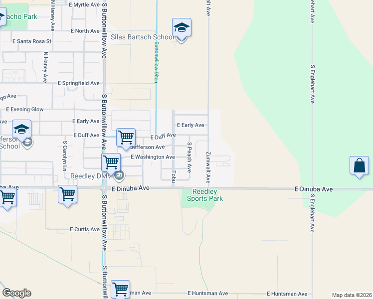 map of restaurants, bars, coffee shops, grocery stores, and more near 2319 East Jefferson Avenue in Reedley