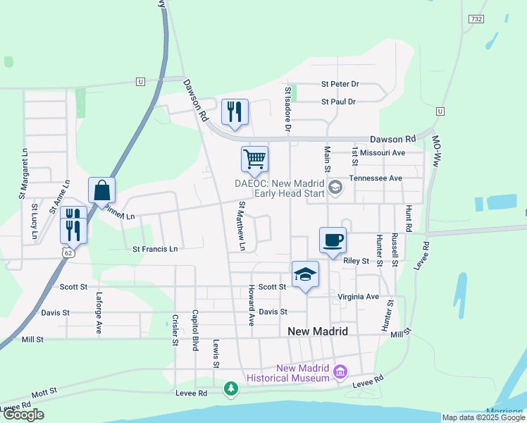 map of restaurants, bars, coffee shops, grocery stores, and more near 725 Pinnell Lane in New Madrid