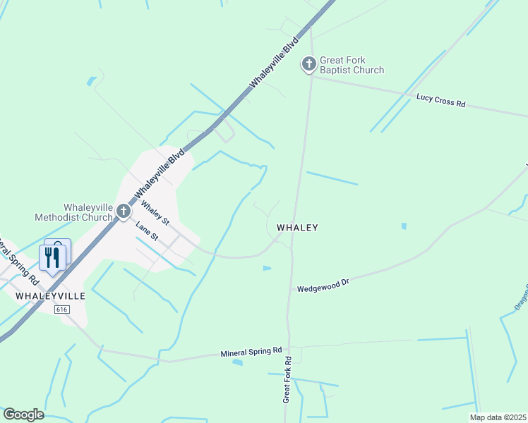 map of restaurants, bars, coffee shops, grocery stores, and more near 312 Whaley Street in Suffolk