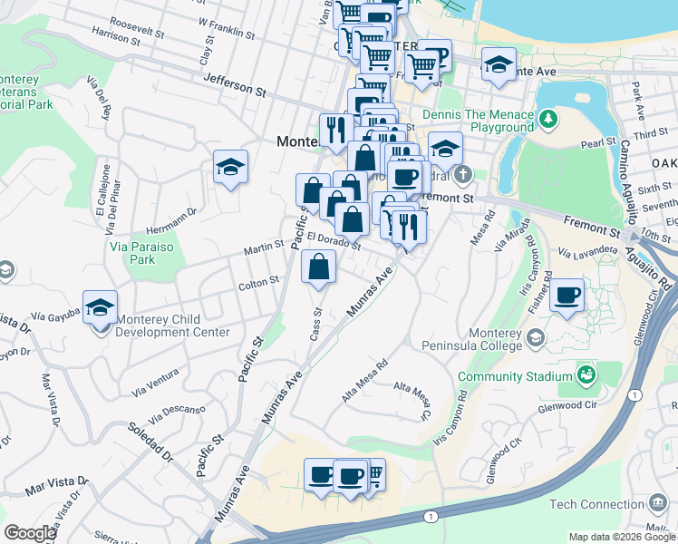 map of restaurants, bars, coffee shops, grocery stores, and more near 975 Cass Street in Monterey