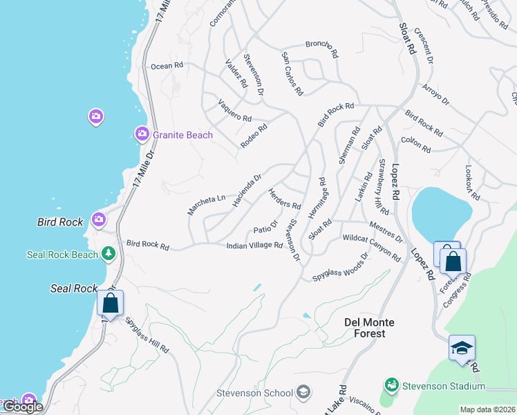 map of restaurants, bars, coffee shops, grocery stores, and more near 3121 Bird Rock Road in Del Monte Forest