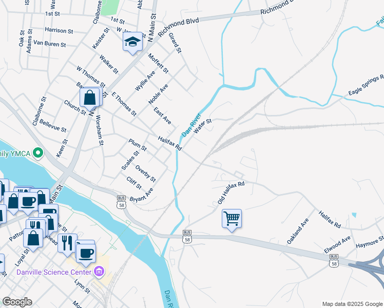map of restaurants, bars, coffee shops, grocery stores, and more near 726 Halifax Road in Danville
