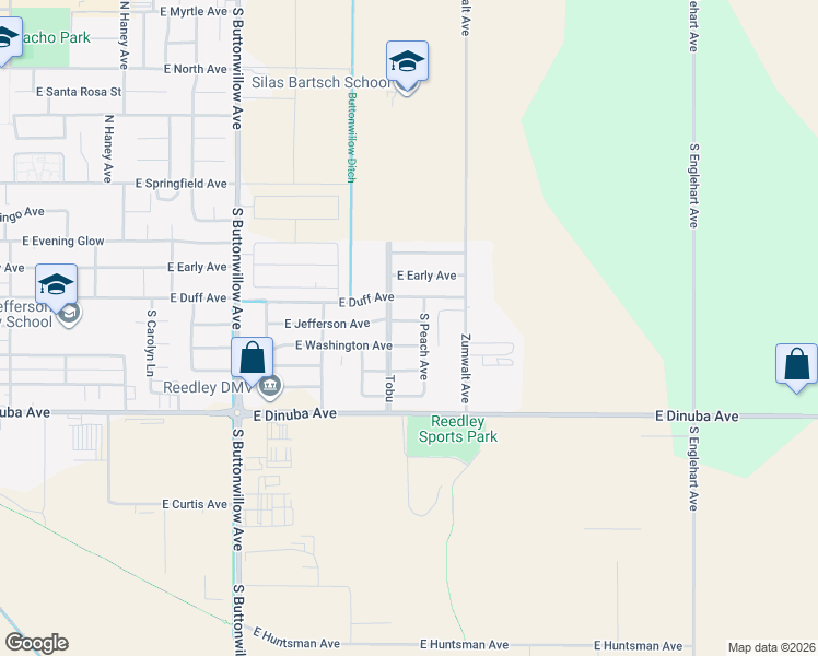 map of restaurants, bars, coffee shops, grocery stores, and more near 2319 East Jefferson Avenue in Reedley