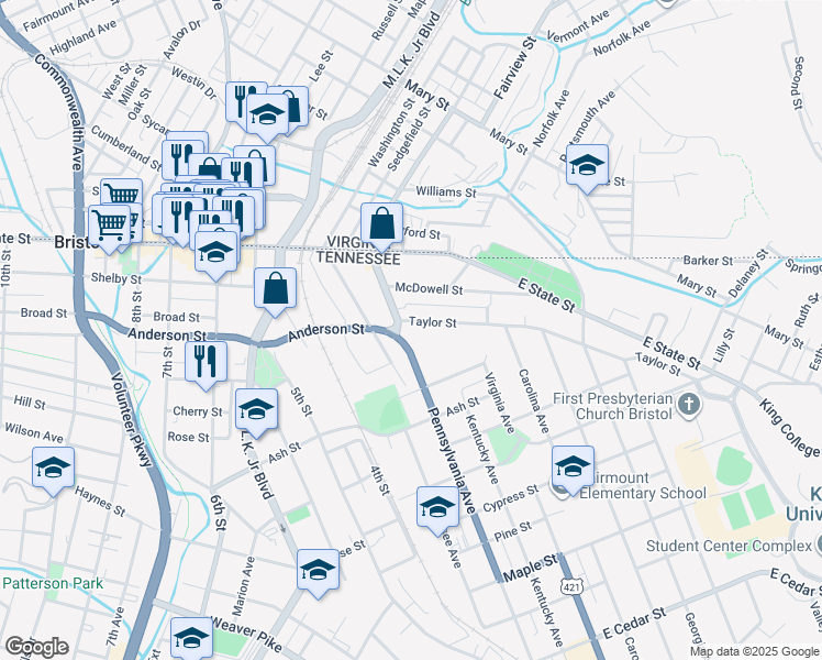 map of restaurants, bars, coffee shops, grocery stores, and more near 201 Pennsylvania Ave in Bristol