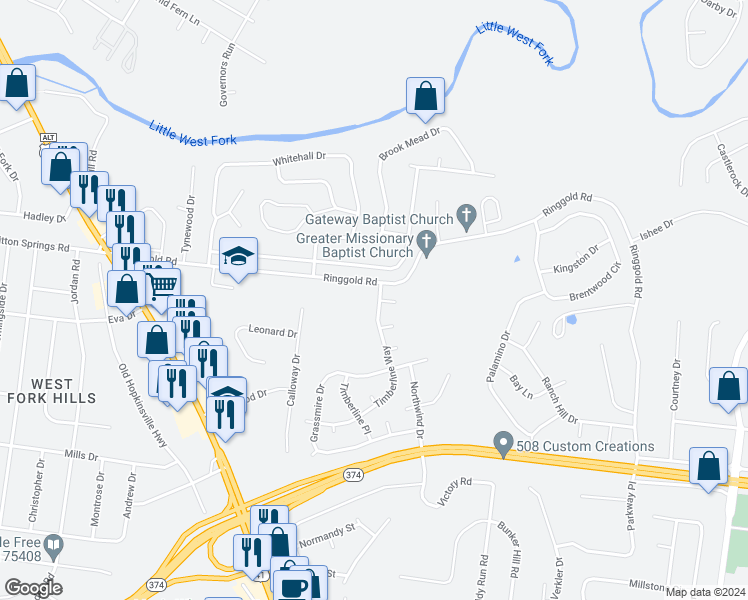 map of restaurants, bars, coffee shops, grocery stores, and more near 1992 Timberline Way in Clarksville