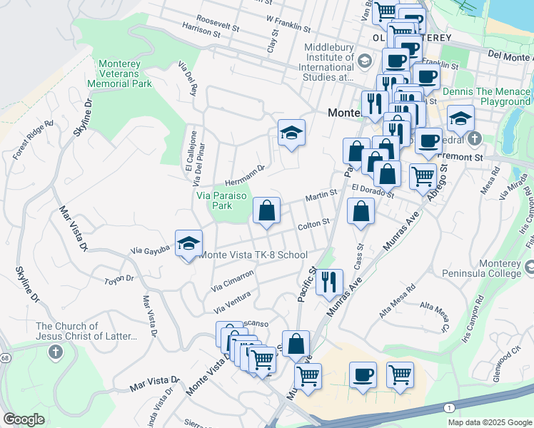 map of restaurants, bars, coffee shops, grocery stores, and more near 817 Martin Street in Monterey