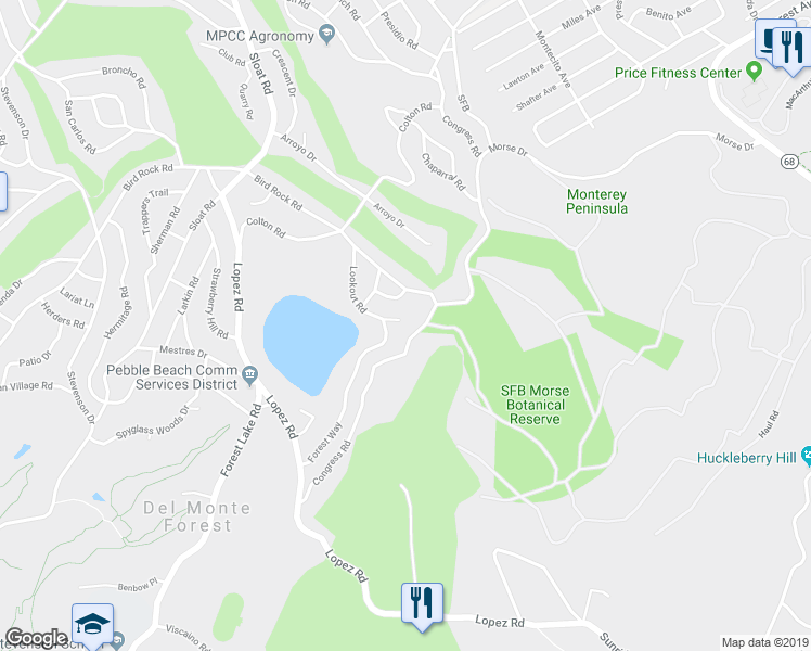 map of restaurants, bars, coffee shops, grocery stores, and more near 1187 Lookout Road in Del Monte Forest