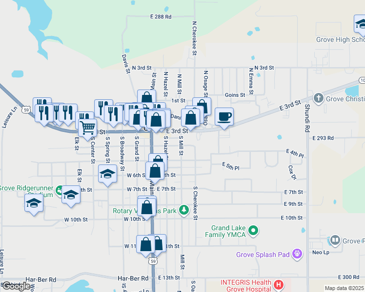 map of restaurants, bars, coffee shops, grocery stores, and more near 101-121 East 4th Street in Grove