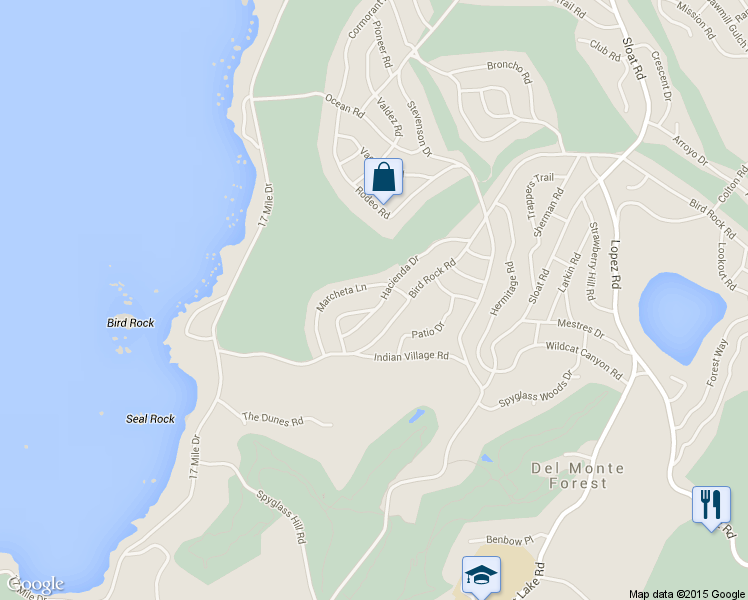 map of restaurants, bars, coffee shops, grocery stores, and more near 3136 Hacienda Drive in Del Monte Forest