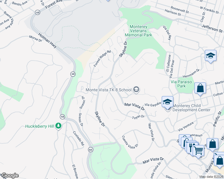 map of restaurants, bars, coffee shops, grocery stores, and more near 621 Dry Creek Road in Monterey