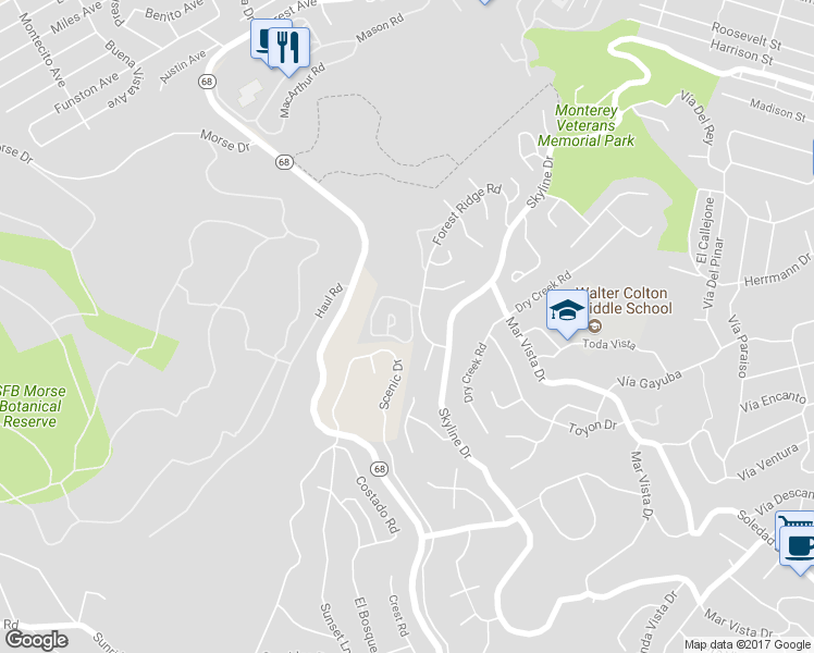 map of restaurants, bars, coffee shops, grocery stores, and more near 5 Skyline Crest Drive in Monterey