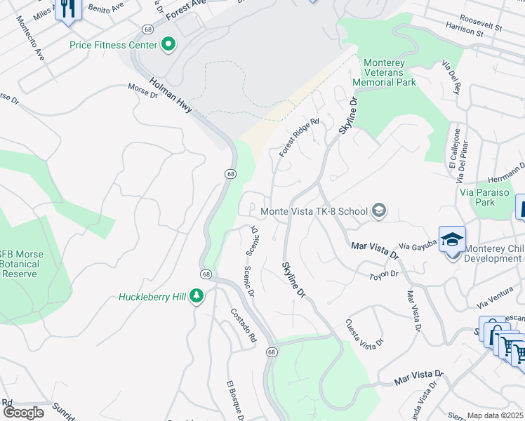 map of restaurants, bars, coffee shops, grocery stores, and more near 5 Skyline Crest Drive in Monterey