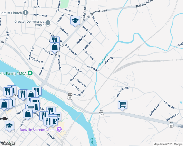 map of restaurants, bars, coffee shops, grocery stores, and more near 512 Peach Street in Danville