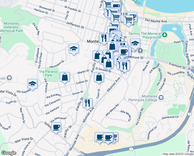 map of restaurants, bars, coffee shops, grocery stores, and more near 11 Vía Joaquin in Monterey