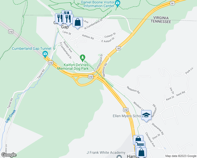 map of restaurants, bars, coffee shops, grocery stores, and more near Highway 32 in Cumberland Gap