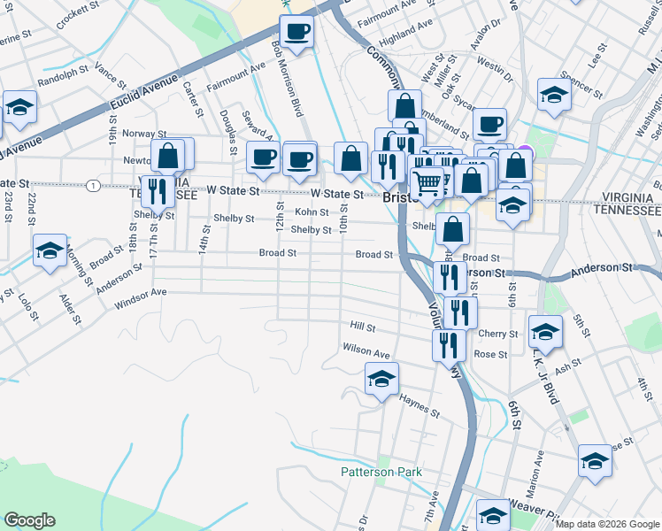 map of restaurants, bars, coffee shops, grocery stores, and more near 1011 Anderson Street in Bristol