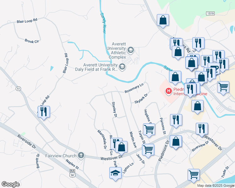 map of restaurants, bars, coffee shops, grocery stores, and more near 369 Martin Avenue in Danville