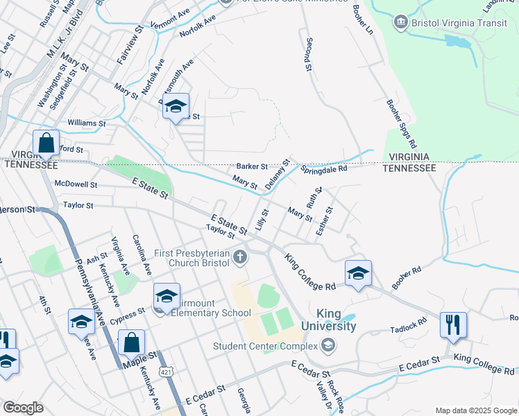 map of restaurants, bars, coffee shops, grocery stores, and more near 114 Delaney Street in Bristol
