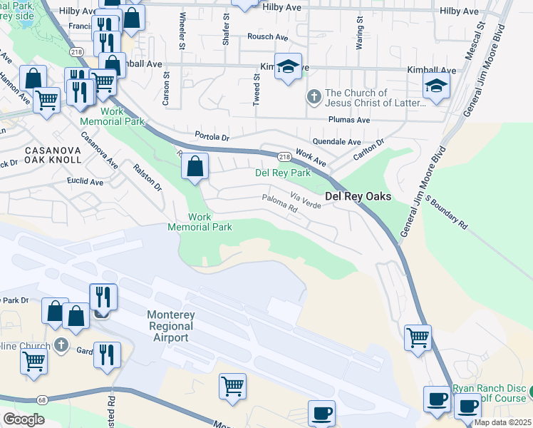 map of restaurants, bars, coffee shops, grocery stores, and more near 1001 Rosita Road in Del Rey Oaks