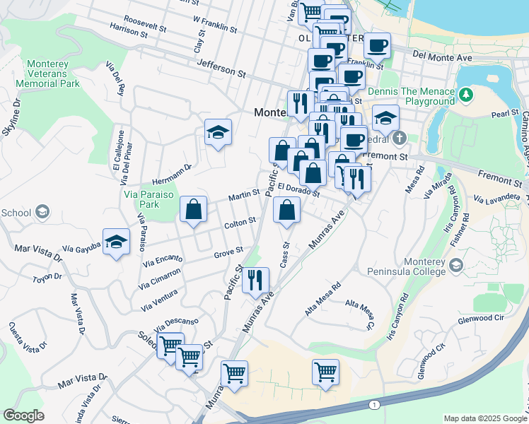 map of restaurants, bars, coffee shops, grocery stores, and more near Pacific Street & Lomita Street in Monterey