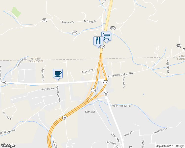 map of restaurants, bars, coffee shops, grocery stores, and more near 2016 Tenneva Street in Kingsport