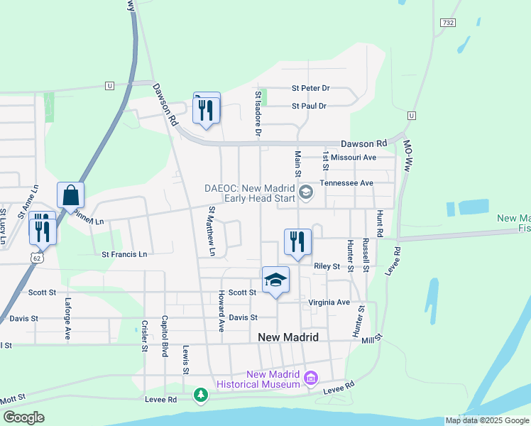 map of restaurants, bars, coffee shops, grocery stores, and more near 737 Mitchell Avenue in New Madrid