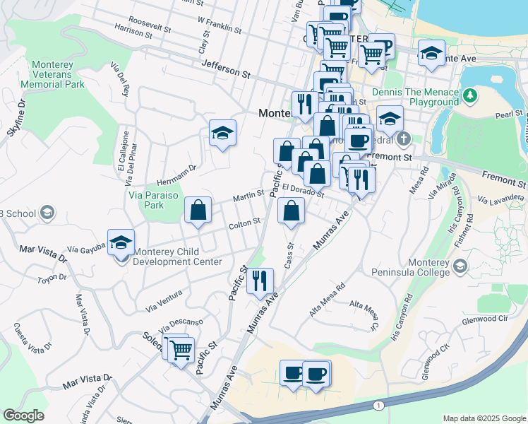 map of restaurants, bars, coffee shops, grocery stores, and more near 880 Lomita Street in Monterey