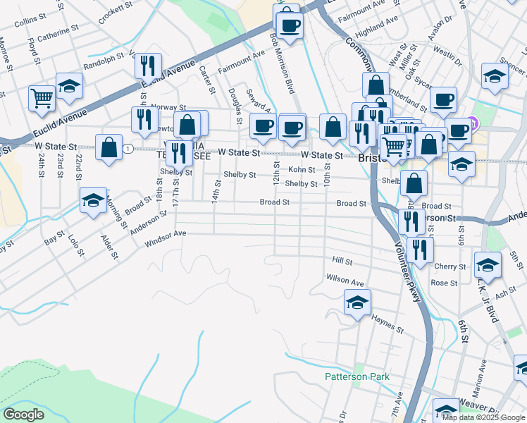 map of restaurants, bars, coffee shops, grocery stores, and more near 1215 Anderson St in Bristol