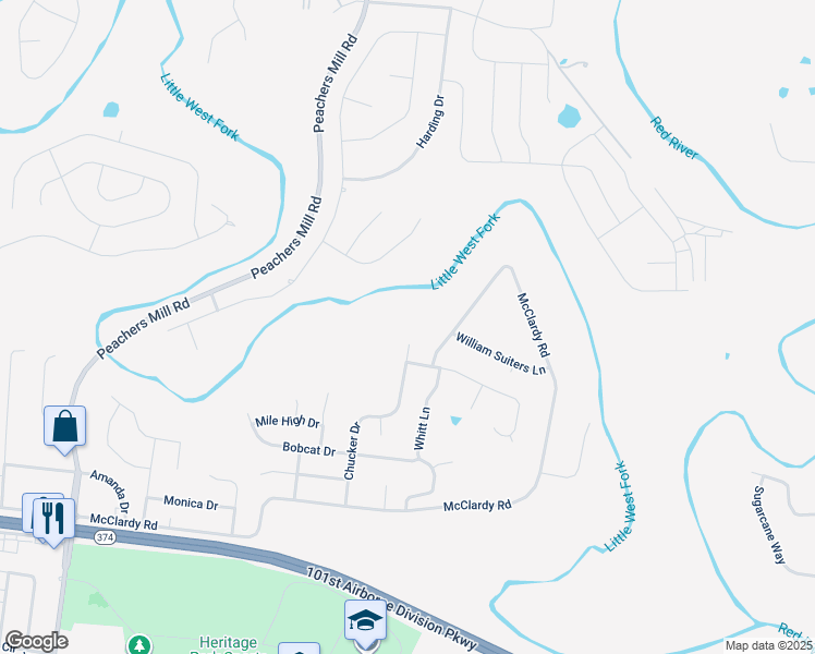 map of restaurants, bars, coffee shops, grocery stores, and more near 1352 Chucker Drive in Clarksville