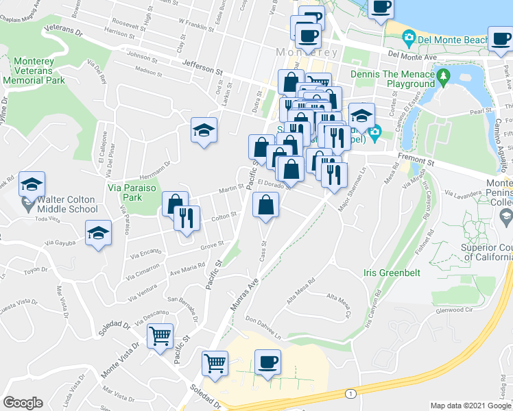 map of restaurants, bars, coffee shops, grocery stores, and more near 11 Vía Joaquin in Monterey