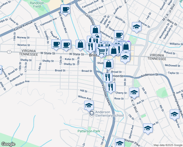 map of restaurants, bars, coffee shops, grocery stores, and more near 911 Anderson Street in Bristol
