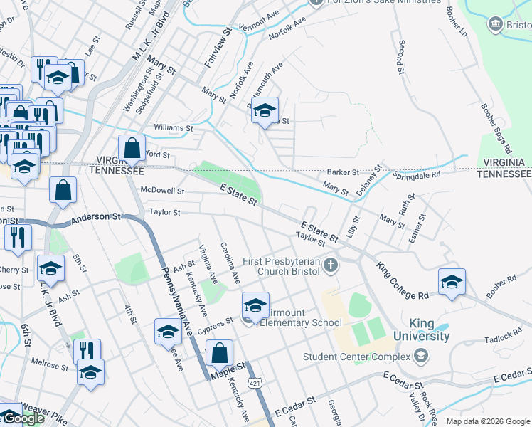 map of restaurants, bars, coffee shops, grocery stores, and more near 301 Georgia Avenue in Bristol