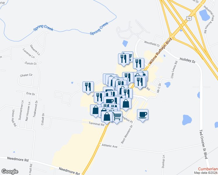 map of restaurants, bars, coffee shops, grocery stores, and more near 2866 Wilma Rudolph Boulevard in Clarksville